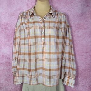 211. Faherty Plaid Button Henley Blouse Top Orange Yellow White M
